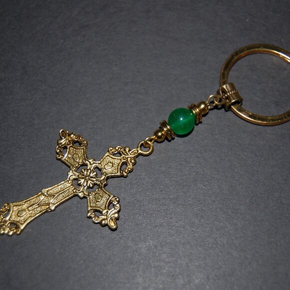 Cross Keychain,Golden Cross Keyring,Jade Bead,Gift,Birthday,Party - Picture 1 of 2